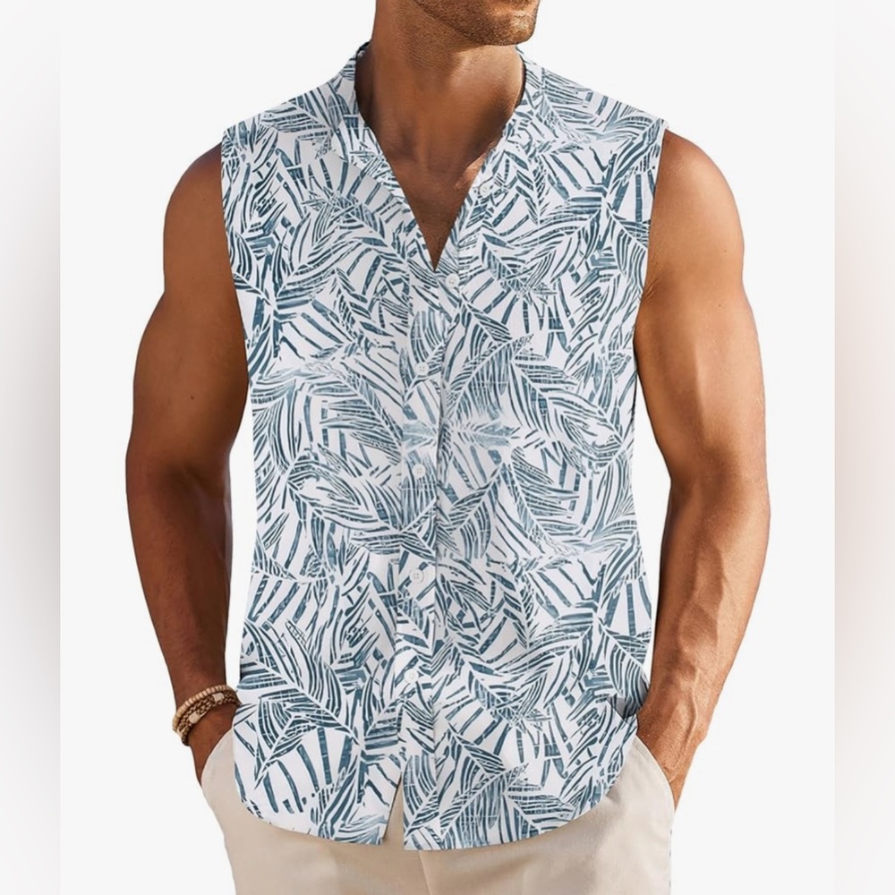 Coofandy Men's Beach Sleeveless Tropical Print Button-Up Shirt, NWT’s, Size XL